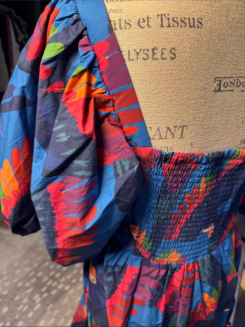 Farm Rio rainbow macaw mini dress Blue Puff Sleeve. - Picture 7 of 9